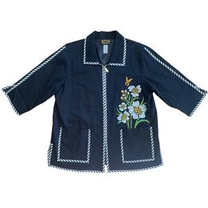 Bob Mackie Wearable Art Black Floral Embroidered Zip Front Jacket 3/4‎ Sleeve L